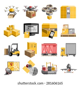 New logistics unmanned decentralized delivery systems flat pictograms collection with flying drone  robots abstract isolated vector illustration