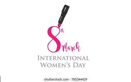 New logo of 8th March , International Women's Day with pink lipstick write number 8 on white background