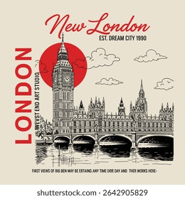 new london city hand sketch vector graphics. t-shirt graphics for london. mens womens boys girls tee sweat print artwork.