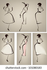 new look, vector collection of girls in retro dresses