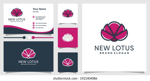 New lotus logo with creative outline abstract concept and business card design Premium Vector