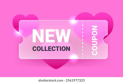 New love collection glass morphism coupon on pink background. Vector Valentine's day template illustration