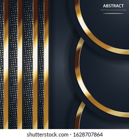 New luxurious dark black abstract background. Three circle shape with ornate gold line elements, and glitter.  Modern geometric shapes design