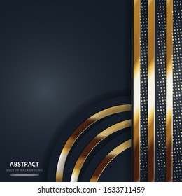 New luxurious dark black abstract background. Modern combination of six golden stripes and glitter with gradient. Elegant vector geometric shapes design