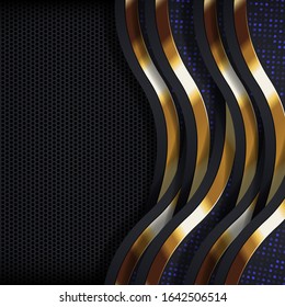New luxurious dark black gold abstract background. Modern combination with glowing golden stripes elements and blank space in vector shapes design style. Futuristic graphic line art