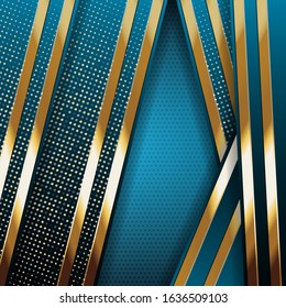 New luxurious deep sky blue abstract background combination of golden stripes, glitter and gradient. Modern vector geometric shapes design