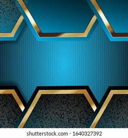 New luxurious deep sky blue abstract background. Modern combination of golden stripes, glitter and gradient. Creative vector pentagon geometric shapes design