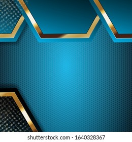 New luxurious deep sky blue abstract background.  Creative combination of golden stripes, glitter and gradient. Modern vector pentagon geometric shapes design