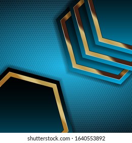 New luxurious deep sky blue abstract background with nice combination of golden stripes and gradient. Creative vector hexagon geometric shapes design.