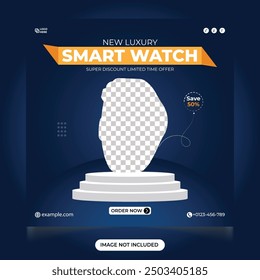 New Luxury smart watch sales social media post with dark blue color. Watch store promotional web banner design. Wrist smart watch advertisement poster design. Product promotion and discount banner.