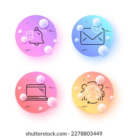 New mail, Alarm sound and Laptop minimal line icons. 3d spheres or balls buttons. Global business icons. For web, application, printing. Add e-mail, Music bell, Computer. Outsourcing. Vector