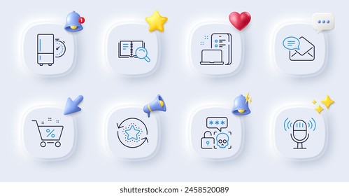 Zeilensymbole für Neue Post, Geräte und Kühlschrank. Buttone mit 3D-Klingel, Chat-Sprache, Cursor. Packung Cyberangriffe, Treuepunkte, Mikrofon-Symbol. Ausleihprozentsatz, Suchen Buch Piktogramm. Vektorgrafik