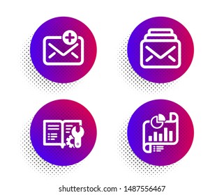New mail, Mail and Engineering documentation icons simple set. Halftone dots button. Report document sign. Add e-mail, New messages, Manual. Growth chart. Education set. Vector