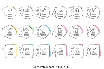 New Mail, Guitar And E-mail Line Icons Set. Infographic Timeline. Headphones, Chemistry Lab And Tablet Pc Signs. Add E-mail, Acoustic Instrument, Mail Delivery. Earphones. Education Set. Vector