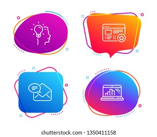 New mail, Idea and Favorite icons simple set. Graph laptop sign. Received e-mail, Professional job, Star feedback. Mobile report. Technology set. Speech bubble new mail icon. Vector