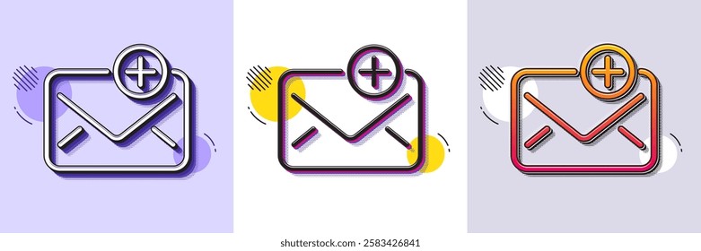 New Mail line icon. Halftone dotted pattern. Gradient icon with grain shadow. Add Message correspondence sign. E-mail symbol. Line new Mail icon. Various designs. Vector