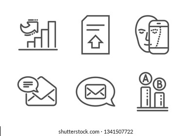 New mail, Messenger and Growth chart icons simple set. Upload file, Face biometrics and Ab testing signs. Received e-mail, New message. Technology set. Line new mail icon. Editable stroke. Vector