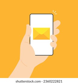 New mail notification on a screen. Yellow envelope on smartphone screen. Hand holds phone with incoming messaging. Vector illustration in modern flat style.
