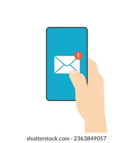 New mail notification on a screen. White envelope on smartphone screen. Hand holds phone with incoming messaging. Vector illustration in modern flat style isolated on white background.