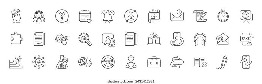 New mail, Puzzle and Portfolio line icons. Pack of Targeting, Empower, Customer satisfaction icon. Time management, Discrimination, Architectural plan pictogram. Question mark, Fake news. Vector