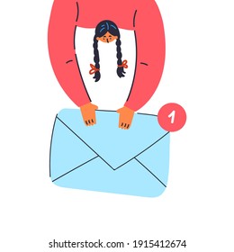 New mail. Sort messages. One new messages marker. Woman holding an envelope. Vector Illustration isolated on white background. 