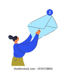 Correo nuevo. Ordenar mensajes. Tres nuevos marcadores de mensajes. Mujer sosteniendo un sobre. Ilustración vectorial aislada en fondo blanco. 