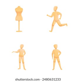 New mannequin icons set cartoon vector. Different mannequin. Equipment for atelier and shop