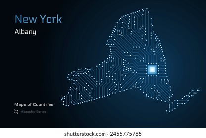 New York State Map with a capital of Albany Shown in a Microchip Pattern with processor. E-government. World Countries vector maps.	
