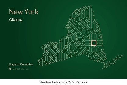 New York State Map with a capital of Albany Shown in a Microchip Pattern with processor. E-government. World Countries vector maps.	
