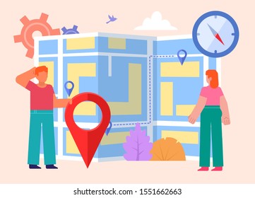 New map location point, our contacts. Man and woman stand near big map. Poster for social media, web page, banner, presentation. Flat design vector illustration