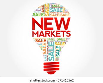 New Markets bulb word cloud, business concept background