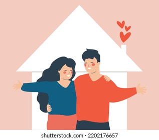 New married couple in love embracing each other and smile. Happy family of two members husband and wife standing outdoors in front of their house. Vector illustration