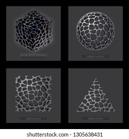 New materials. Wireframe geometric structures, nanomaterials abstract, 3d printed design pieces, tiles. Sci Fi vector illustration.