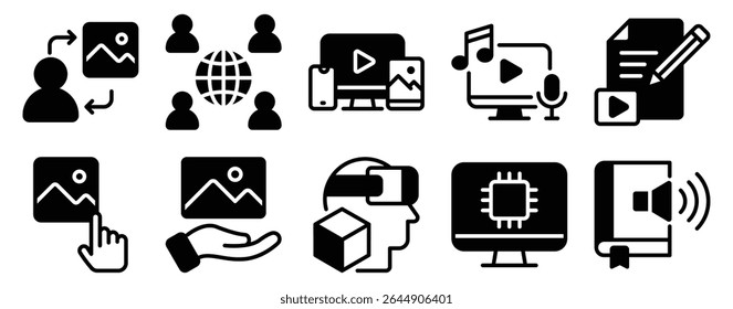 Novo Conjunto de Ícones de Mídia Solid Style Collection representando conteúdo digital e canais de comunicação modernos adequados para plataformas de mídia indústrias criativas e estratégias de marketing online