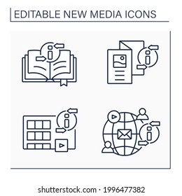 New media line icons set. Book, brochure, movies, social networks. Information space concept. Isolated vector illustration. Editable stroke