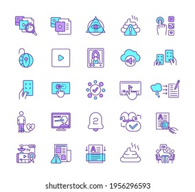 New Media RGB Color Icons Set. Mass Communication. Media Literacy. Fake News. Conspiracy Theory. Internet Privacy. Online Storage Service. Infotainment. Cyber Propaganda. Isolated Vector Illustrations