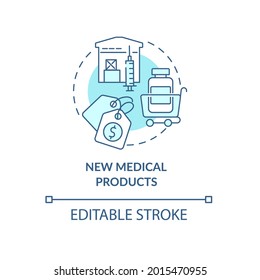 New Medical Products Concept Icon. Humanitarian Aid Technology. Healthcare And Pharmaceutical Offer Abstract Idea Thin Line Illustration. Vector Isolated Outline Color Drawing. Editable Stroke