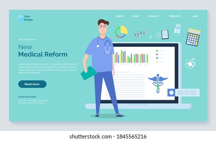 New Medical Reform Landing Page Template, Man Doctor Wearing Uniform With Stethoscope Against Laptop Monitor With Report Statistical Chart And Medical Snake Caduceus Sign, Vector Webpage Design