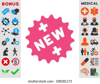 New Medical Sticker vector icon with bonus. Style is flat symbol, pink color, rounded angles, white background.