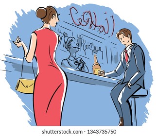 A new meeting of men and women at the cocktail bar. Cartoon style hand drawn style vector design illustrations.