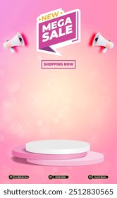 new mega sale discount portait template banner with blank space 3d podium for social media post product sale with abstract gradient pink background design