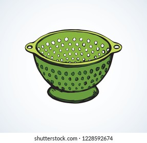 New mesh percolate pot on white backdrop. Bright green color hand drawn modern water filter bowl object. Home logo emblem in retro comic style