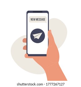 Nuevo concepto de mensaje. Teléfono inteligente o móvil en mano humana con aplicación de chat abierto y plano de papel de notificación. Ilustración vectorial en estilo plano. 