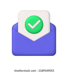 New message 3d icon. Purple open mail envelope, paper and green button with check mark. 3d realistic design element. vector illustration.