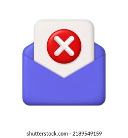 New message 3d icon. Purple open mail envelope, paper and red button with cross mark. 3d realistic design element. Vector illustration.