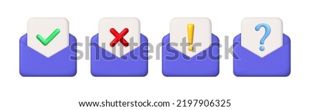 New message 3d icons set. Open mail envelope, paper, exclamation, interrogative point, cross and tick. 3d realistic design elements. Vector illustration.