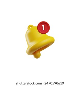 New message alert 3D bell icon. Vector illustration of a yellow bell with a prominent red number one badge, ideal for indicating unread messages or notifications in apps and digital interfaces.