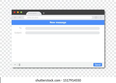 New message browser window frame template with shadow on a transparent background