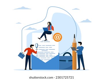 new message concept, incoming sms, mail notification, big document comes out of envelope and contains message, people receive notification message. Vector illustration in flat cartoon style.