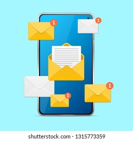 New Message Concept Mobile Phone Touch Screen with Open and Closed Email Set Symbol of Contact Internet. Vector illustration